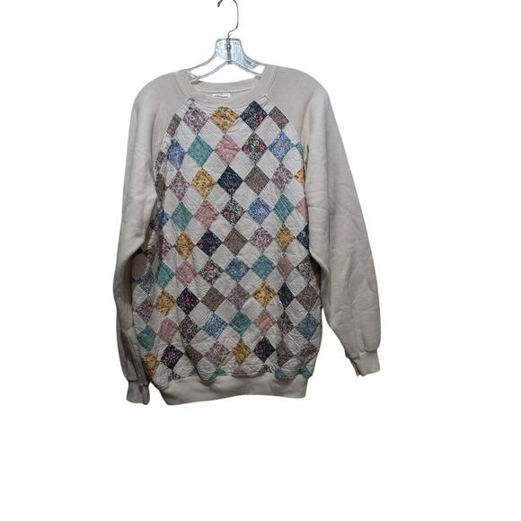Vintage Hanes Women's Cream quilted patchwork Crew Neck Sweater Size XL - Picture 1 of 6